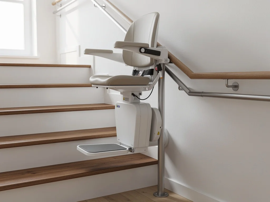 Monte-escalier droit posé sur un escalier en bois clair