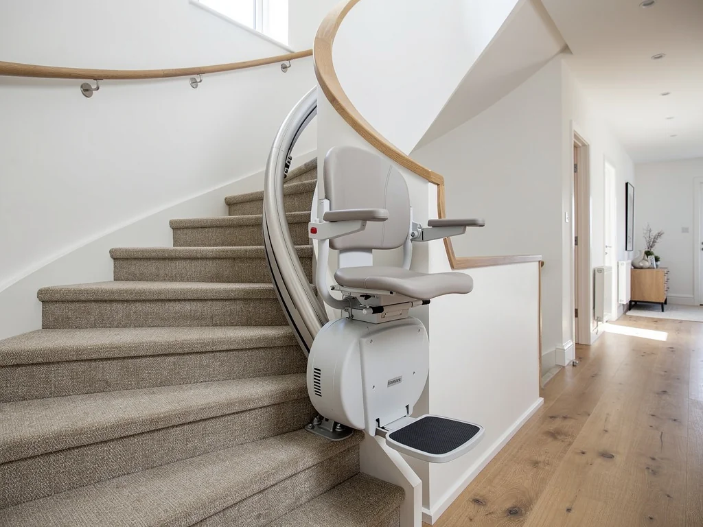 Monte-escalier tournant épousant la courbe d'un escalier avec palier